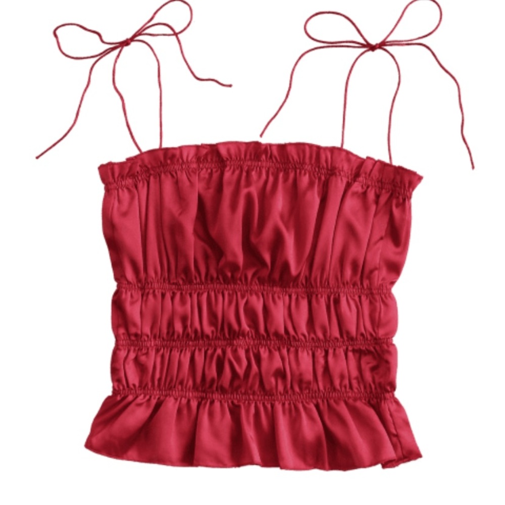 Peplum Hem Red Shoilder Tie Satin Cami Top